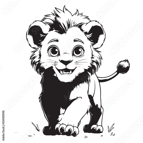 Adorable cartoon lion cub with big eyes and a playful smile walks forward on white background