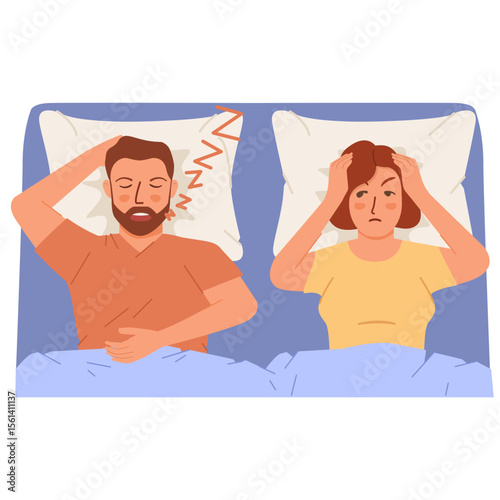 Woman covering ears while man snoring.Woman suffers insomnia of snoring man in bed. Husband snores.Married couple.Sleep disorder.Sleep apnea making noise.Sleeping problem. Snore health problem.