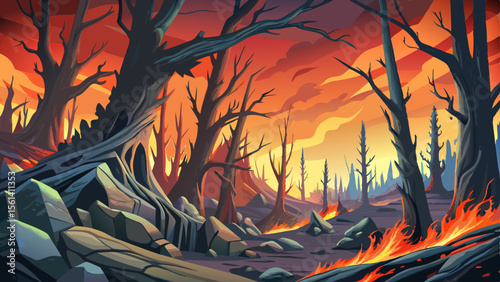 Burned forest landscape with smoldering ash, blackened tree trunks, and fallen limbs, depicting the aftermath of wildfire destruction in a haunting, smoky, desolate scene