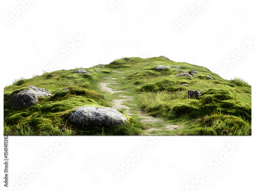A winding dirt path through a mossy green hill with large rocks and sparse vegetation isolated on transparent background