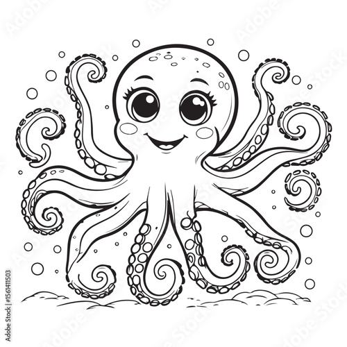 Cute cartoon octopus with big eyes and a happy smile surrounded by bubbles and wavy lines on a white background