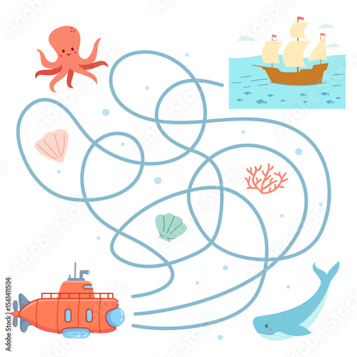 Maze game for children.Maze game with submarine.Labyrinth game with submarine.Vector illustration.Animal cartoon characters.Underwater world.