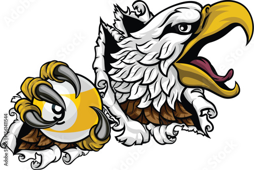 Eagle nine ball pool billiards sports mascot holding a 9 ball cartoon illustration