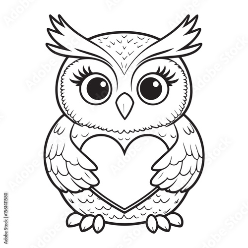 Cute black and white cartoon owl holding a heart shape with its wings and feet on a white background