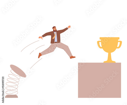 People jumping trophy. Success career ladder. Jumping through gap golden cup. Success business people jumping with a golden trophy. Boost up business growth.Businessman jumping springboard. 