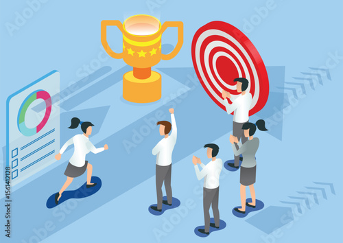 isometric ran towards the target, Business Concept Simple Vector of Overcome Obstacles to Success. - Vector illustration