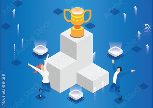 Isometric Businessman Walking up Stairs to Goal, Business Concept Simple Vector of Overcome Obstacles to Success