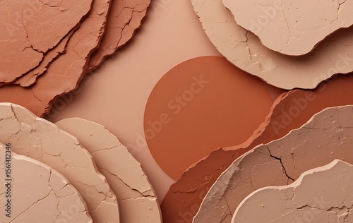 Abstract cosmetic textures in warm terracotta and beige tones. A high-quality, close-up showcasing various shades of terracotta and beige cosmetic textures, arranged in a layered, textured aesthetic