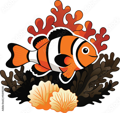 Clownfish Gliding Over Coral Optional Silhouett