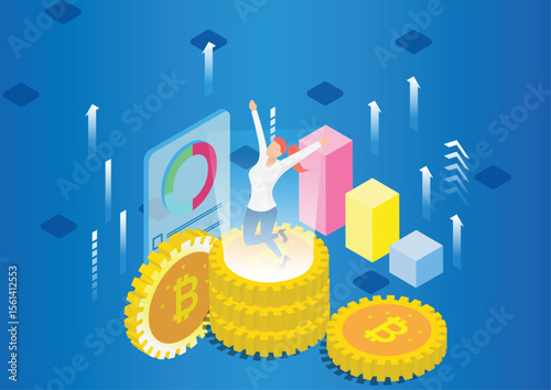 Isometric profit, fortune and success, successful investment concept. Man and woman is glad a lot of money, success, good luck