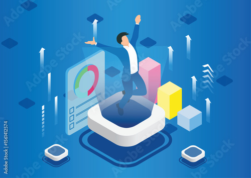 Isometric profit, fortune and success, successful investment concept. Man and woman is glad a lot of money, success, good luck