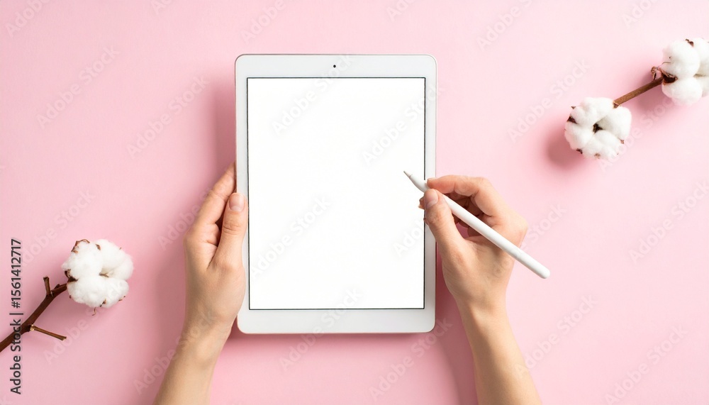 Obraz premium Close-up of female designer hands sketching on tablet against pastel pink background