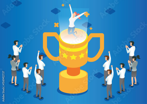Isometric profit, fortune and success, successful investment concept. Man and woman is glad a lot of money, success, good luck