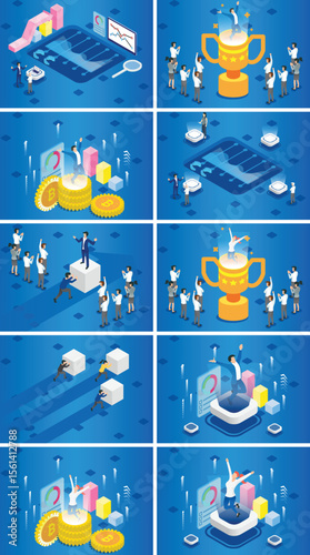 Isometric profit, fortune and success, successful investment concept. Man and woman is glad a lot of money, success, good luck