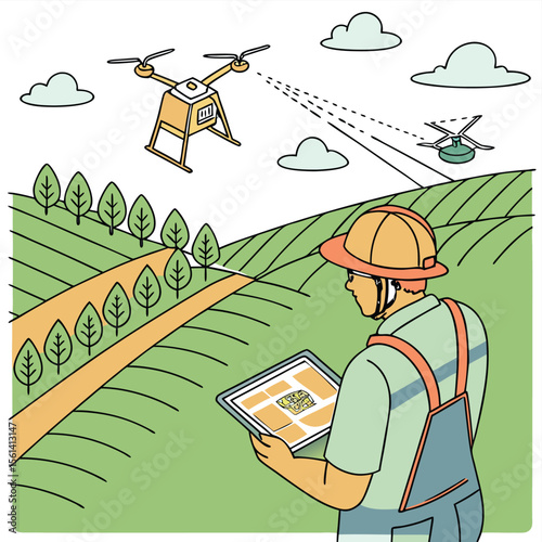 Farmer using tablet with drone and helicopter in agriculture field for smart farming application on farm land