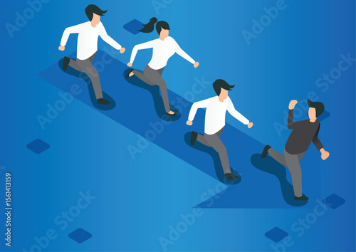 Flat 3d isometric businessman run following leader. Business leadership concept