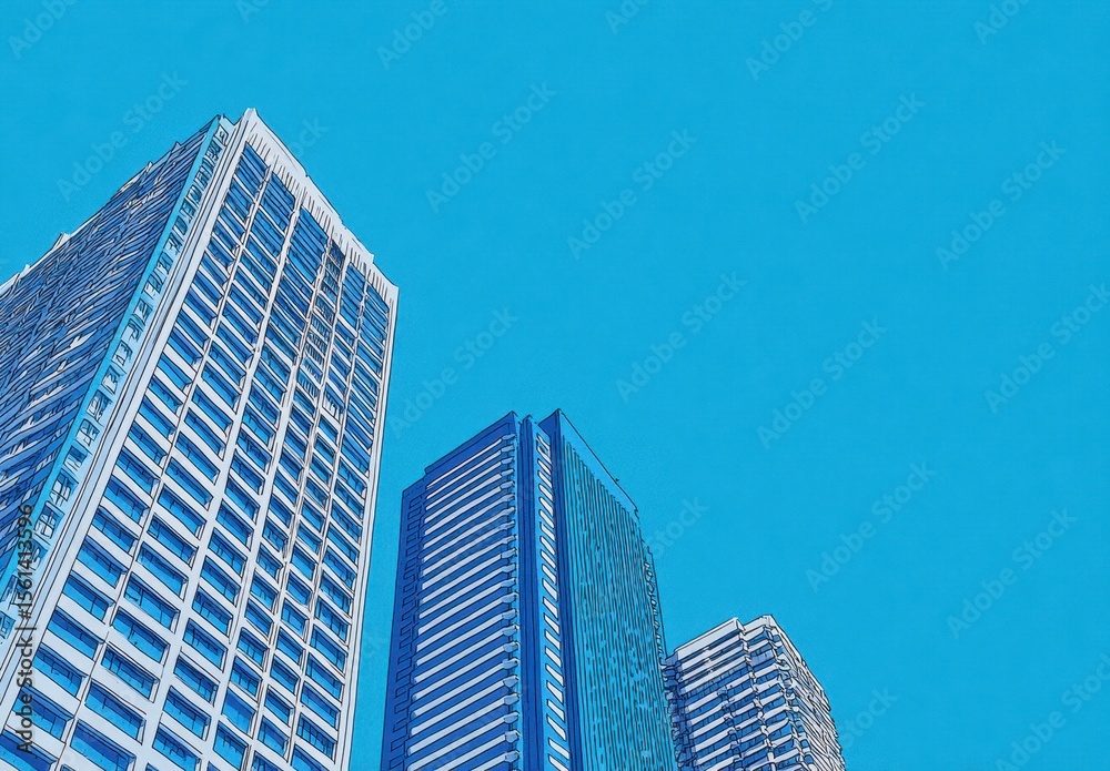 Fototapeta premium Low-angle view of modern skyscrapers against a vibrant blue sky (1)