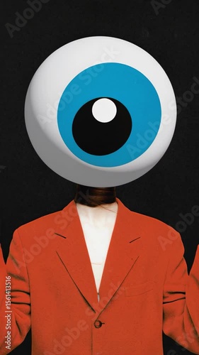 Stylized female figure with a giant eyeball for a head dressed in red suit, scanning the surroundings. Concept of creative advertising