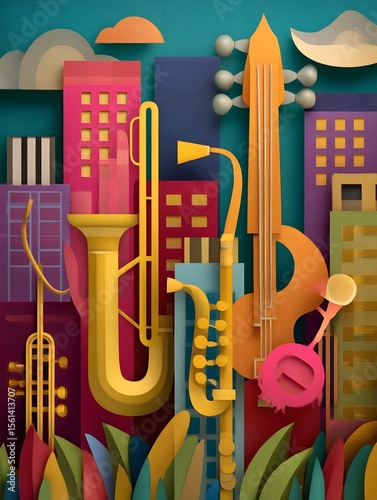 A colorful abstract cityscape with stylized buildings and shapes long title A visually striking whimsical depicting a futuristic imaginative