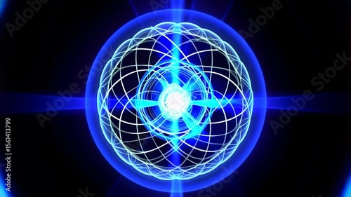 Pulsating Atomic Structure with Radiant Blue Energy Waves - Dynamic Zoom and Rotation