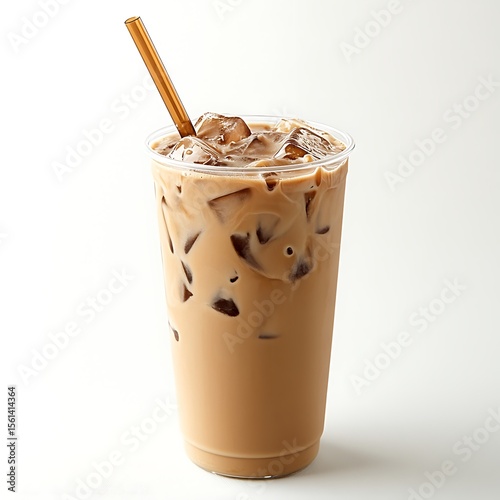 Iced Coffee Delight: A refreshing iced coffee in a transparent plastic cup, filled with ice cubes and a straw. perfect beverage to quench thirst