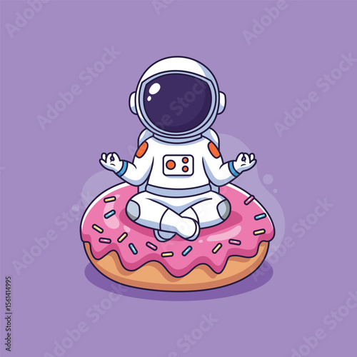 Cute Astronaut meditating on a pink donut in space vector illustration