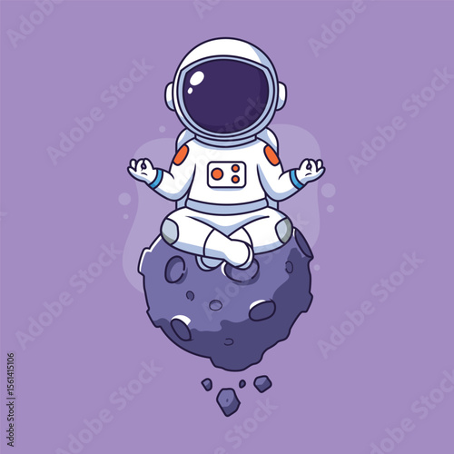 Cute Astronaut Meditating in Space on an Asteroid Vector illustration.