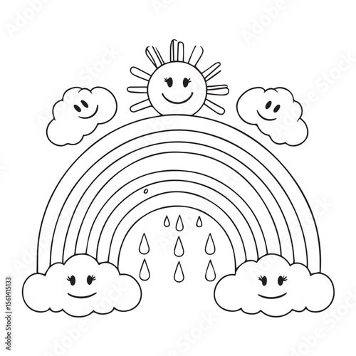 Whimsical black and white line art drawing of a smiling sun and happy clouds above a rainbow with falling raindrops