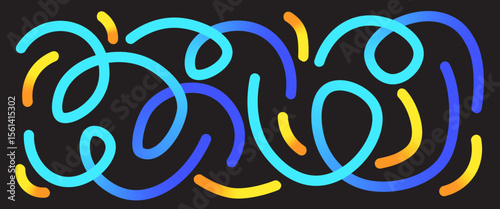 Blue and yellow wavy lines. A collection of soft, abstract long shapes. Gradient squiggles and spirals. Rainbow-colored curved elements on a black background. Vector children's gradient neon patterns.