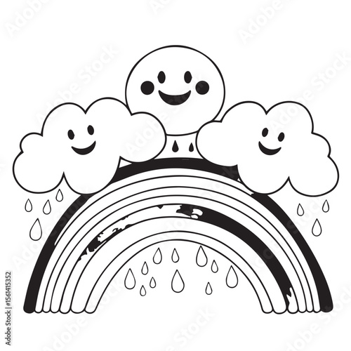 Cute smiling sun and clouds with falling raindrops over a black and white rainbow in a simple line art style