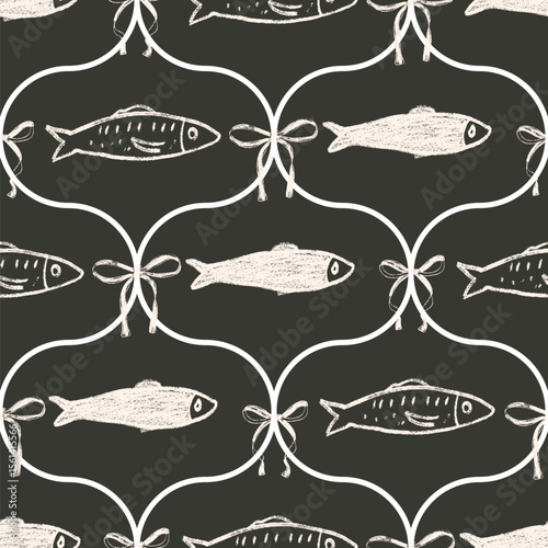 Chalk fish ogee coquette seamless pattern. Sardines hand drawn endless background. Nautical damask repeat cover. Sea continuous ornament. Surface pattern monochrome water motif. Vector illustration.