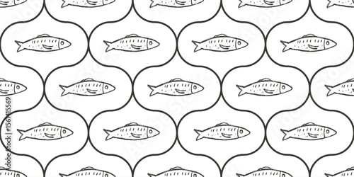 Crayon fish ogee seamless pattern. Sardines hand drawn endless background. Nautical damask repeat cover. Sea continuous ornament. Surface pattern monochrome water motif. Vector simple illustration.