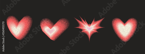 Grain color noise gradient hearts shape set. Y2k retro dating forms icons isolated on dark background. Trendy effect with blurry neon dotwork texture. Vector illustration collection.