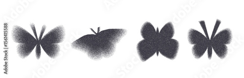Grain black noise grunge gradient butterflies figures shape. Y2k stippling forms set. Halftone dotworks icons. Retro spray effect flying gradation with gritty texture. Vector illustration.