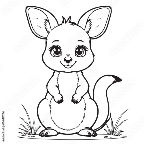 Cute cartoon kangaroo joey with big ears and long lashes sitting in grass black and white line art illustration