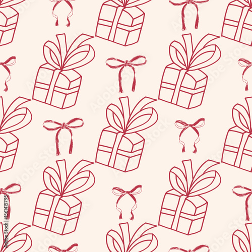 Coquette b-day party crayon seamless pattern. Gift boxes with ribbon endless background. Girly festive bows and gift cover. Surface pattern birthday motif. Vector hand drawn illustration.