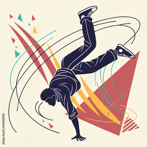 Silhouette of a man doing a handstand with geometric shapes and swirling lines in the background art