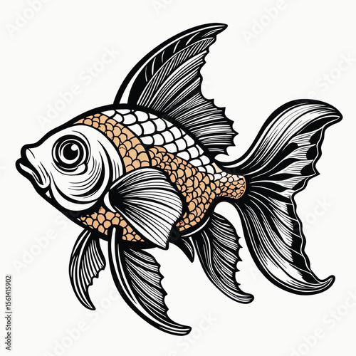 Detailed Goldfish With Wavy Fins And Scales Blac
