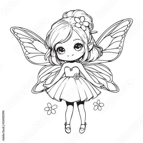 Charming black and white illustration of a cute chibi fairy with butterfly wings a flower in her hair and a playful smile