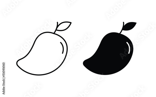 Mango fruit Icon set.  black feel and outline symbol. mango with leaves., Fruits Vector illustration.