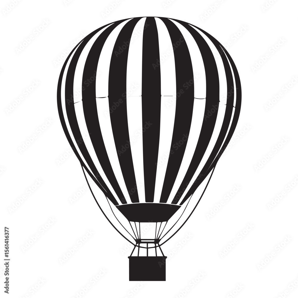 Obraz premium Striking black and white silhouette of a classic hot air balloon with a basket suspended below against a clean white background