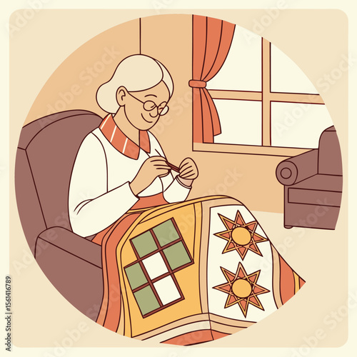 Illustration of an elderly woman knitting a quilt in an armchair by a window in a cozy living room
