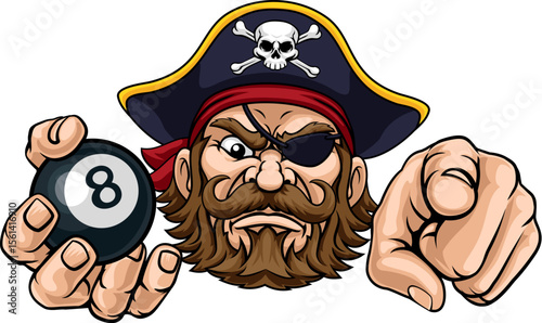 An angry Pirate cartoon character holding billiards pool 8 black ball and pointing sports team mascot illustration.