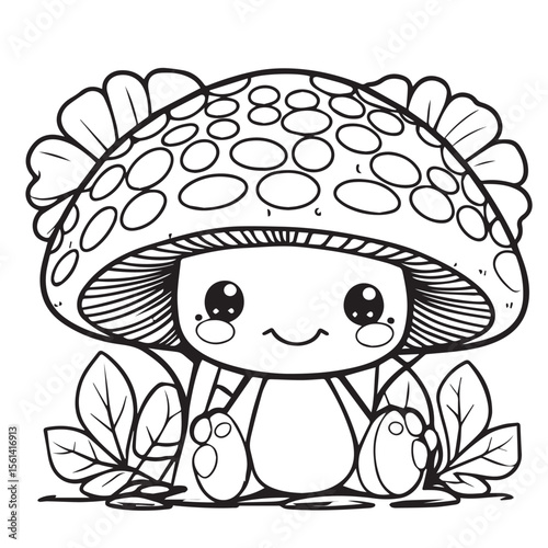 Cute kawaii mushroom character sitting among leaves with a happy smiling face and big eyes