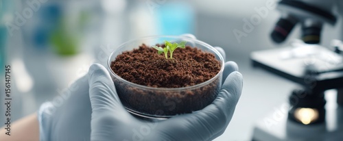 The seedling thriving in soil held in hands within a laboratory setting.