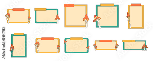 Set of groovy mushroom paper note frame. Blank notes with mushroom decoration. Vector isolated.