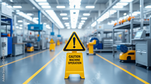 Caution Sign for Machine Operation in a Bright Industrial Manufacturing Facility