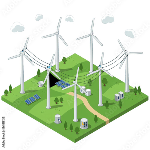 A wind and solar energy farm generates clean power, showcasing sustainable energy production in a rural landscape.
