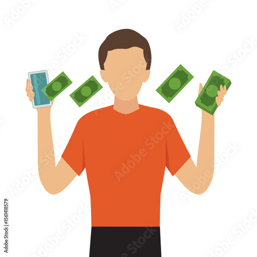 Man with phone money income, Banknotes come out of a smartphone. Cartoon Vector Illustration.  