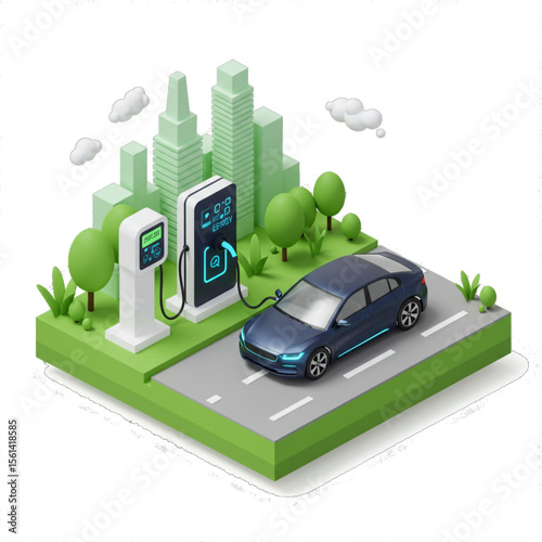 Electric car charging at a station in a stylized city environment.